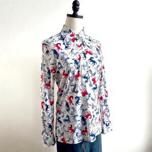Vintage 70s Horse Print Shirt | 1970s Red White Blue Size S/M